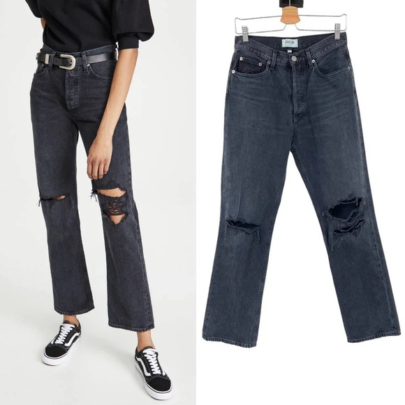 Agolde Lana Straight Jeans Disorder Wash Denim Distressed Charcoal Black Size 27 - Picture 1 of 9